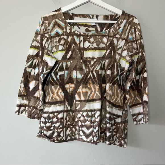 Chico's Brown Patterned Three Quarter Length Sleeve Women's Top 1 (8/10) - Picture 1 of 5
